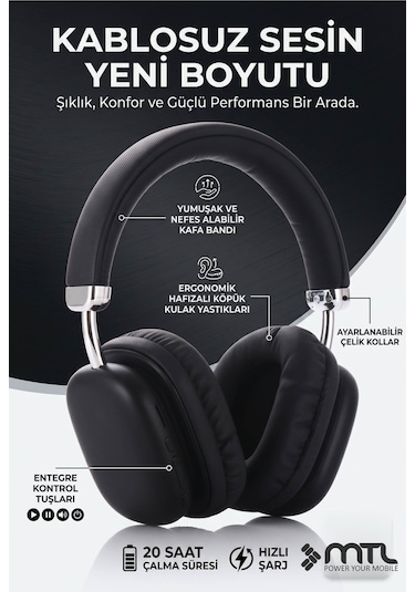 Kablosuz Stereo Kulak Üstü Kulaklık Hd Ses Bluetooth 5.3 Extra Bass Ios Ve Android Uyumlu Mt964