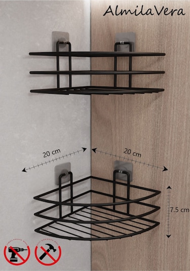 Ömür Boyu Paslanmaz Yapışkanlı Banyo Rafı Düzenleyıcı 2 Adet Mat Siyah Köşelik Şampuanlık Siyah