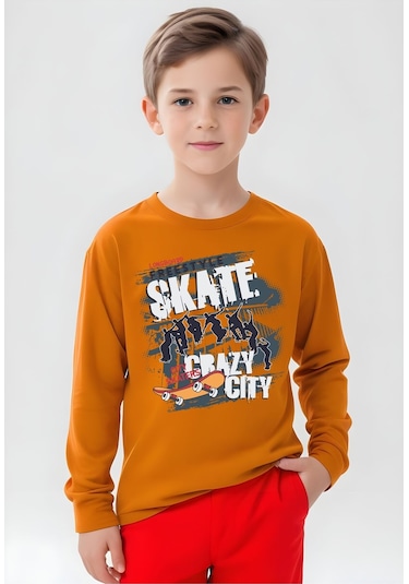 Crazy Baskılı Erkek Çocuk Yuvarlak Yaka Turuncu Sweatshirt Turuncu