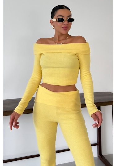 Modagen Kadın Sarı Madonna Yaka Alt-üst Pantolonlu İnterlok Takım Sarı