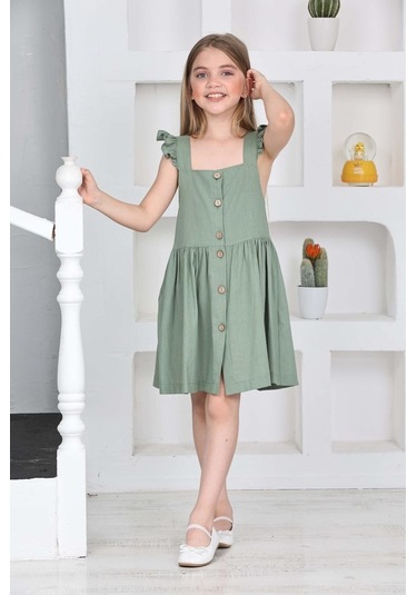 Kız Çocuk %100 Pamuk Keten Elbise 12197 Çağla Yeşili