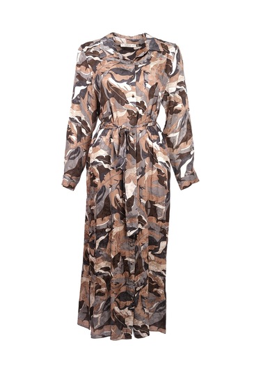 Büyük Beden Desenli Kuşaklı Jakar Elbise Gala-xi Kahverengi