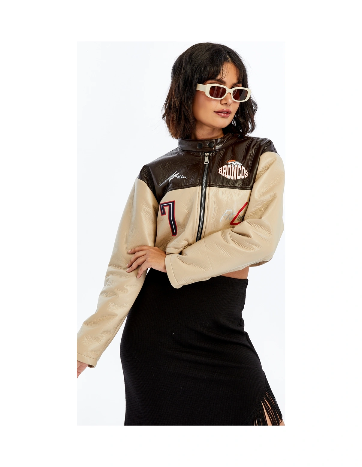 Kadın Puf Deri Ceket Garnili Crop Mont Niş Tasarım Özgün Günlük Baskılı Rahat Kullanım Ceket Bej