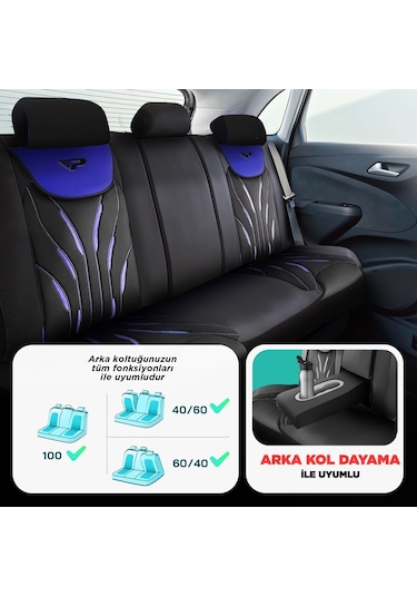 Panda Pars Serisi Deri Oto Koltuk Kılıfı - Mavi - Siyah