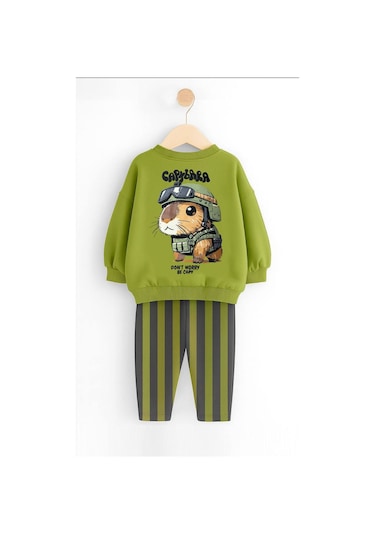 Kız Çocuk Capybara Desen Yeşil Renk Sweatshirt Çizgili Jogger Alt Üst Takım Yeşil