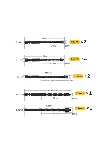 Yunboo Sert Alyüminyum Çok Amaçlı Matkap Ucu Seti - Cam, Çimento, Duvar, Tuğla Delme İçin 10'lu Siyah Paket 4/5/6/8/10/12mm