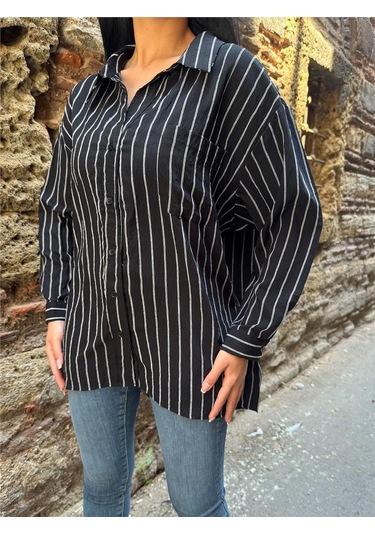 Siyah Çizgili Oversize Pamuklu Düğmeli Gömlek Siyah