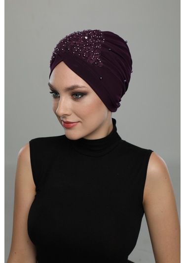 Kopma Astarlı İşlemeli Mor Dantel Motifli Hazır Türban Tesettür Abiye Bone Mor