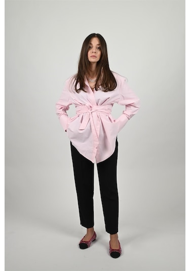 Lemajh Kuşaklı Poplin Pembe Gömlek-pembe Pembe