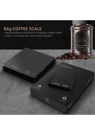 Jeemson Kahve Terazi Akıllı Zamanlayıcı Led Ekranlı 5000g Maksimum Ağırlık 0.1g Hassasiyetli Yüksek Sıcaklığa Dayanıklı Usb Type-c Şarjlı Siyah Siyah