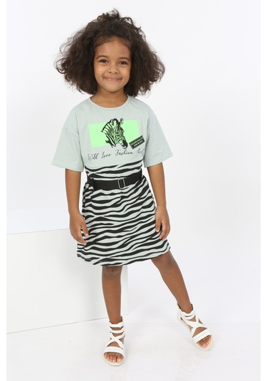 Toontoy Kız Çocuk Zebra Baskılı Elbise Yeşil