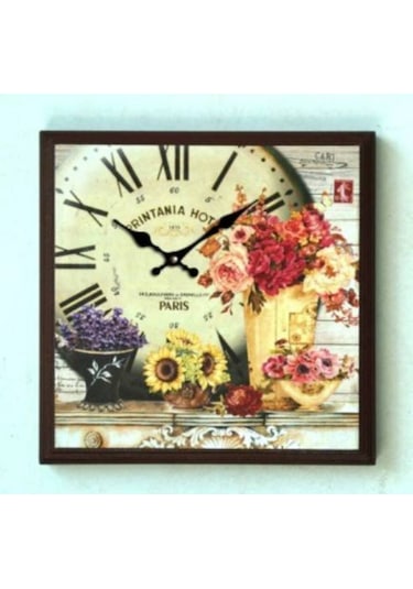 AHŞAP SAATLER-Saatler-MB KARE ÇİÇEK TEMALI DUVAR SAATİ-42*42*5 CM Ahşap