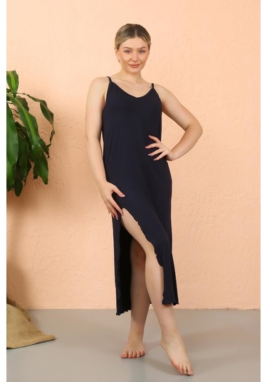 Akbeniz Kadın İp Askılı Yırtmaçlı Uzun Lacivert Gecelik 90119-lacivert Lacivert