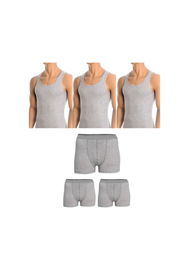 Erkek Pamuklu 3'lü Gri Atlet Ve 3'lü Gri Boxer 6 Parça Set