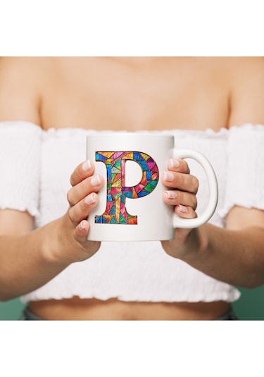P Harfi Bardak 330 Ml İsme/harfe Özel Hediye, Renkli Harf Tasarım Beyaz