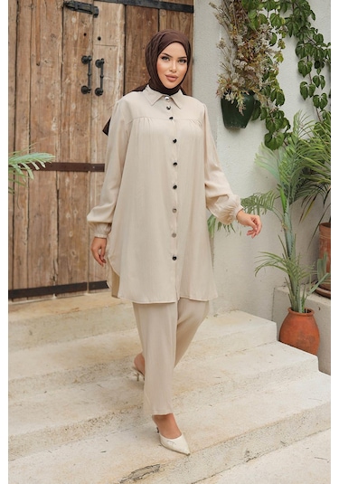 Büzgü Detaylı Tesettür Bej Takım Bej