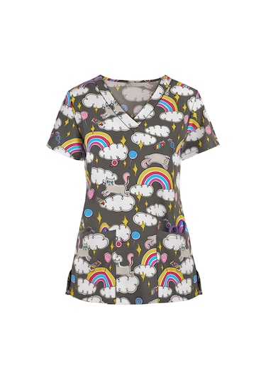 Koyu Gri Kadın Kısa Kollu V Yaka Karikatür Desen Çalışma Tişörtleri Tops Koyu Gri