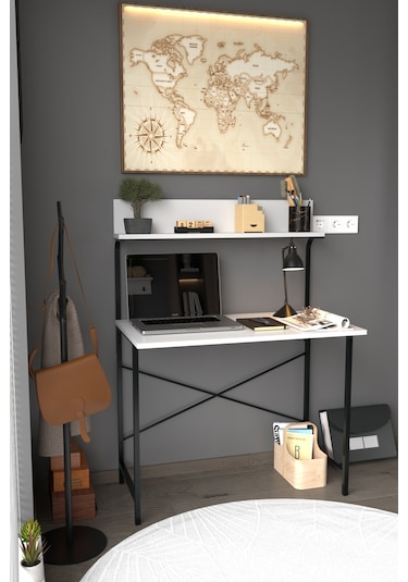 Parla Üstten Raflı Dekoratif Çalışma Masası 50x90 Cm Beyaz