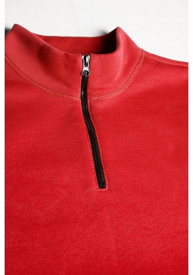 Erkek Açık Kırmızı Yarım Fermuarlı Basic Düz Sweatshirt Açık Kırmızı