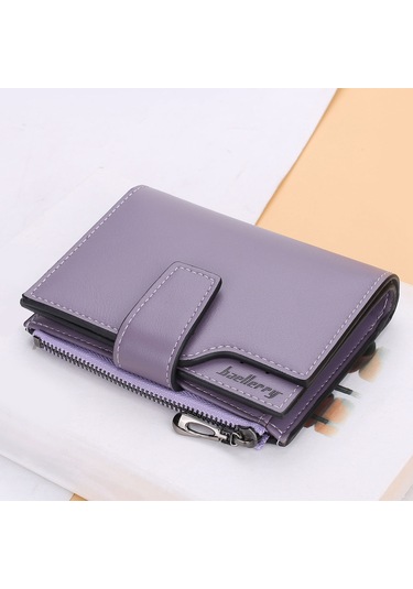 Dofolink Kadın Pu Deri Çift Katlı Cüzdan, 15 Kartlık, 3 Fotoğraf Bölmesi, Para Ve Zip Cebi, Basma Kapanma, Portatif Mor Renk N5013 Mor