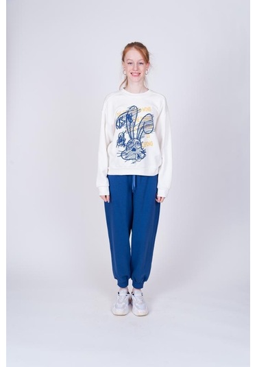 Kız Çocuk Neon Tavşan Baskılı Tasarım Teenage Sweatshirt-13402-ekru Ekru