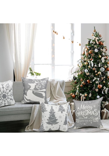 4'lü Noel Yastık Kılıfı Seti - Kırmızı Yastık Kılıfları 45 X 45 Cm - Noel Tasarım Yastık Kılıfları