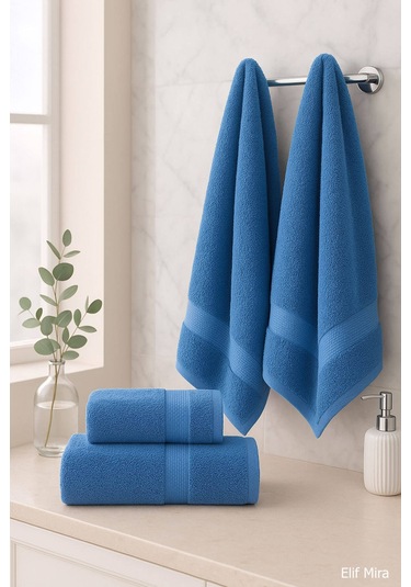 4 Lü Banyo Havlusu Seti %100 Pamuklu 70x140 Cm Pleasure Mavi-mavi