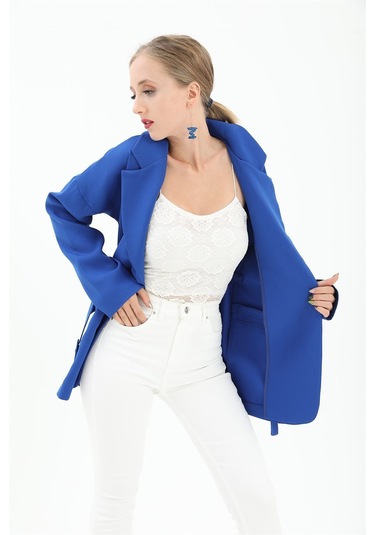 Düşük Omuz Kemerli Atlas Kumaş Blazer Ceket - Saksmavisi-saksmavisi Saks Mavisi