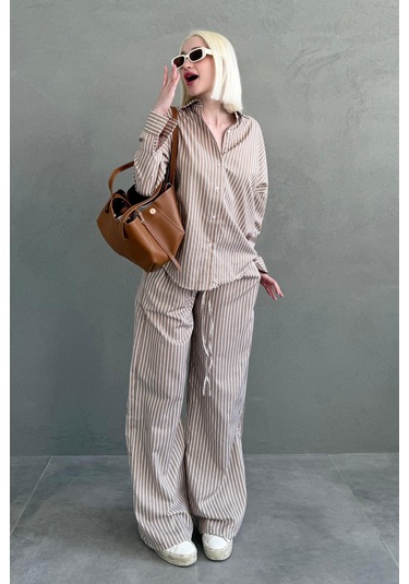 Madmext Camel Çizgili Gömlek Pantolon Kadın Takım Mg2457 Camel