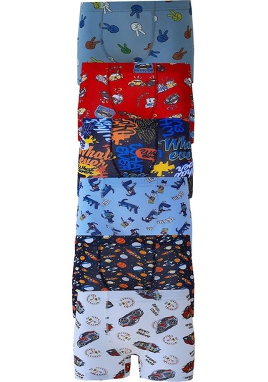 6Lı Erkek Çocuk Renkli Desenli Baskılı Boxer Külot