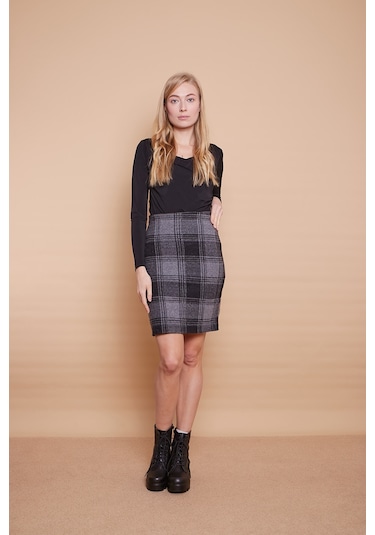 Kışlık Likralı Yünlü Kumaş Yüksek Bel Diz Üstü Kalem Etek-Siyah D