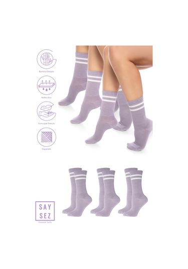 Bambu Unisex Tenis Kolej Çizgili Premium Lila Açık Mor Dikişsiz Soket Çorap 3'lü Paket Lila