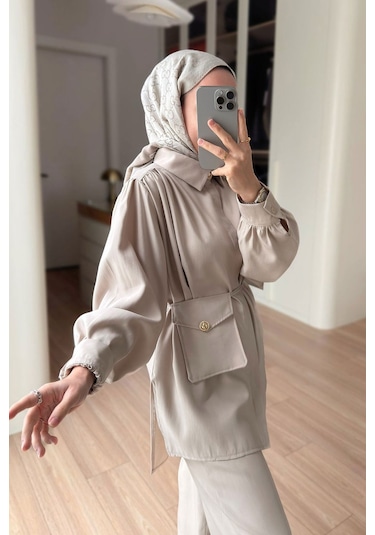 Ka Hijab Balon Kol Mini Çantalı Takım - Bej