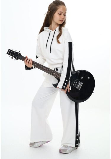 Kız Çocuk %100 Pamuk Kapüşonlu Uzun Kol Oversize Alt&üst Eşofman Takımı-eşt-0020 Beyaz