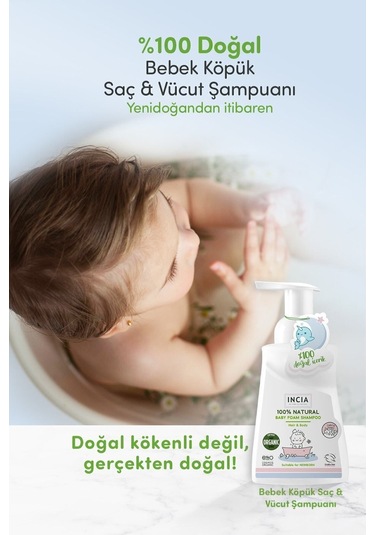 INCIA %100 Doğal Organik Sertifikalı Bebek Köpük Şampuanı Saç Vücut Lavanta Konak Önleyici Yenidoğan 200 ml