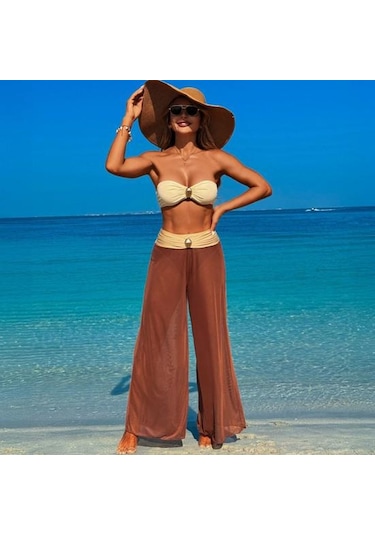 2 Adet/takım Kadın Mayo Seti Bandeau Dolgulu Telsiz Sütyen Yüksek Bel Yüzme Mavi