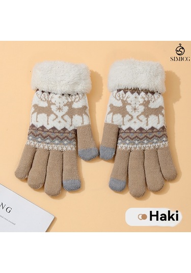 Kadınlar İçin Dokunmatik Ekranlı Kadife Sıcak Sevimli Çizgi Film Geyik Yün Eldiven Haki