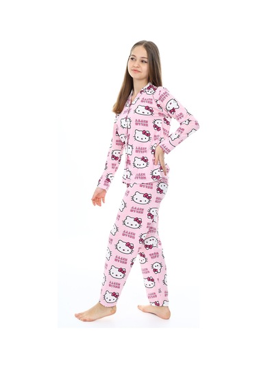 Kız Çocuk Kedi Baskılı Pijama Takımı 7-16 Yaş 0150 Pembe