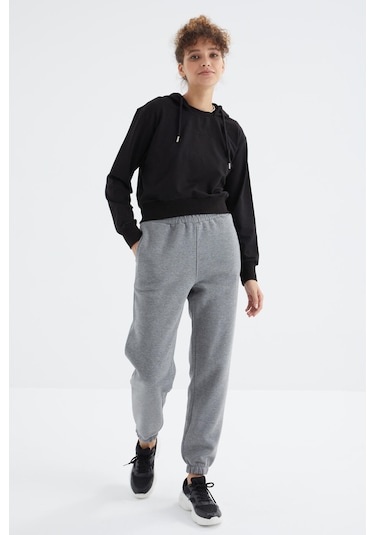 Tommy Life Gri Melanj Yüksek Bel Şardonlu 3 İplik Pamuklu Basic Kadın Eşofman Alt - 94624 GRİ MELANJ