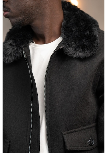 Slimfit Kürklü Sabit Yaka Beli Lastikli Astarlı Kaşe Mont Siyah