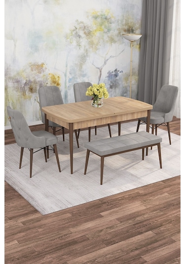 Mona Meşe 80x132 Açılabilir Mdf Masa Yemek Odası Takımı, Mutfak Takımı 4 Sandalye, 1 Bench Meşe Masa - 4+1 Gri - Ceviz Ayak