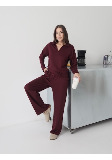 Paw Garage Kadın Lora Modal Polo Yaka Alt-üst Takım Bordo