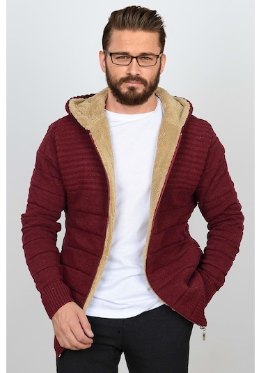 Erkek İçi Kürklü Kapüşonlu Fermuarlı Triko Hırka Bordo T743 Bordo