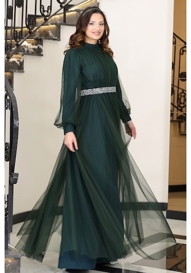 Alia Şık Taş Detaylı Büyük Beden Tesettür Abiye - Alya İndigo