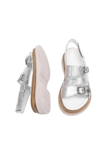 Elit Vesta Kadın Hakiki Deri Düz Sandalet Gümüş Gümüş