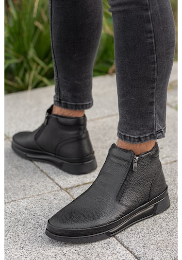 Garantili D472 Su Ve Soğuk Geçirmez Kürklü Ortopedik Hakiki Deri Erkek Bot Siyah