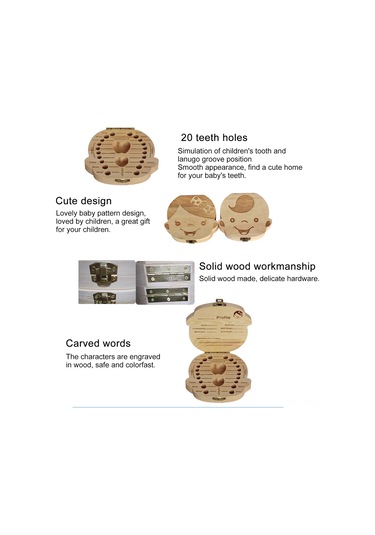 Geeroyoo Bebek Diş Saklama Kutusu - Ahşap Yapı, Erkek/kız Seçenekli, İngilizce Versiyon, 13x13x3.5cm