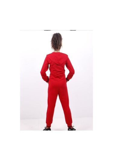 Toontoy Kız Çocuk Beli Bağçıklı Kapşonlu Tulum Kırmızı