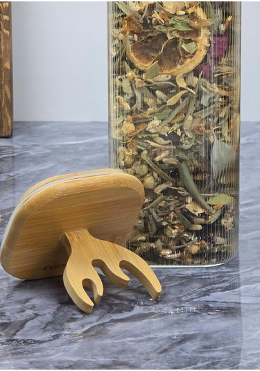 Boynuz Desenli Cam Kavanoz - Bambu Kapaklı Borosilikat Cam Kavanoz - 33 Cm - Kare