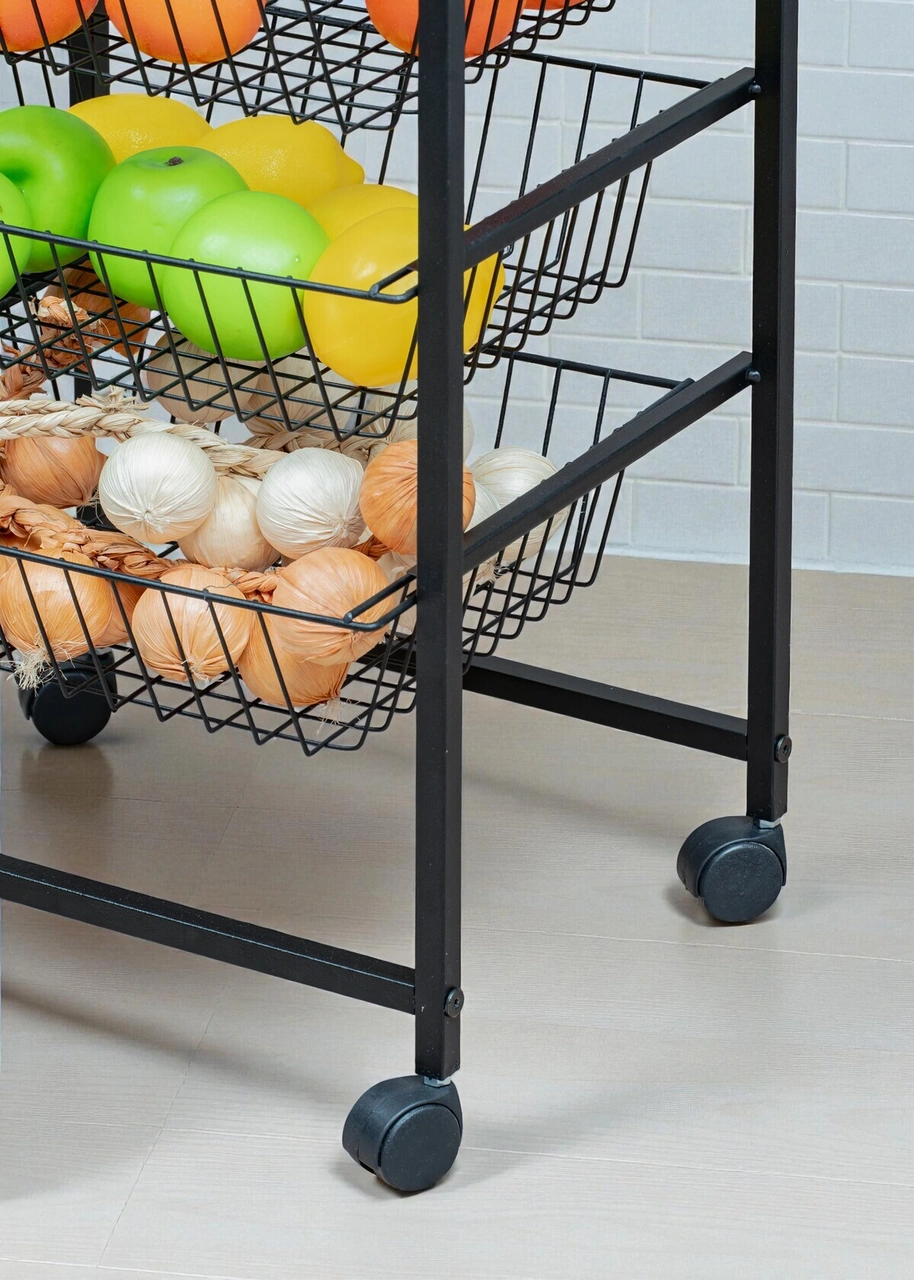 Dekoratif Siyah Metal Sebzelik Tekerlekli 4 Raflı Tel Sepetli Çok Amaçlı Stand Siyah